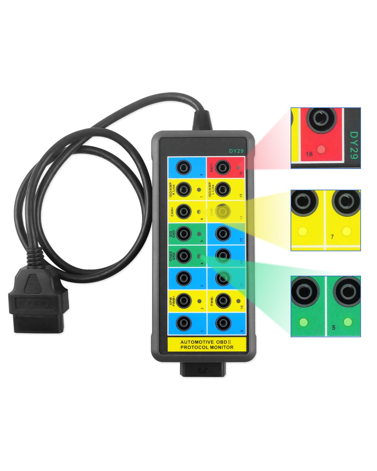 Universal OBD2 Breakout Box OBDII Protocol Detector Communication Power Ground Detection Breakout Box with LED Light OBD2 16Pin Breakout Box Diagnostic Tool Automotive Auto Breakout Box 35-inch Cable