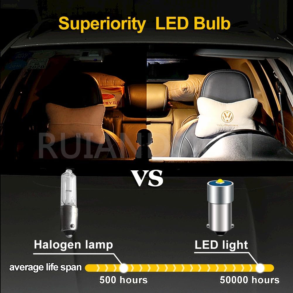 Ruiandsion BA9S LED Bulb BA9 53 57 1895 64111 6-30V 6V 12V 24V Super Bright 2525 1SMD Chipset LED Bulb for Car Interior Side Door Courtesy Lights Map Lights,6000K White,Non-Polarity (Pack of 10)