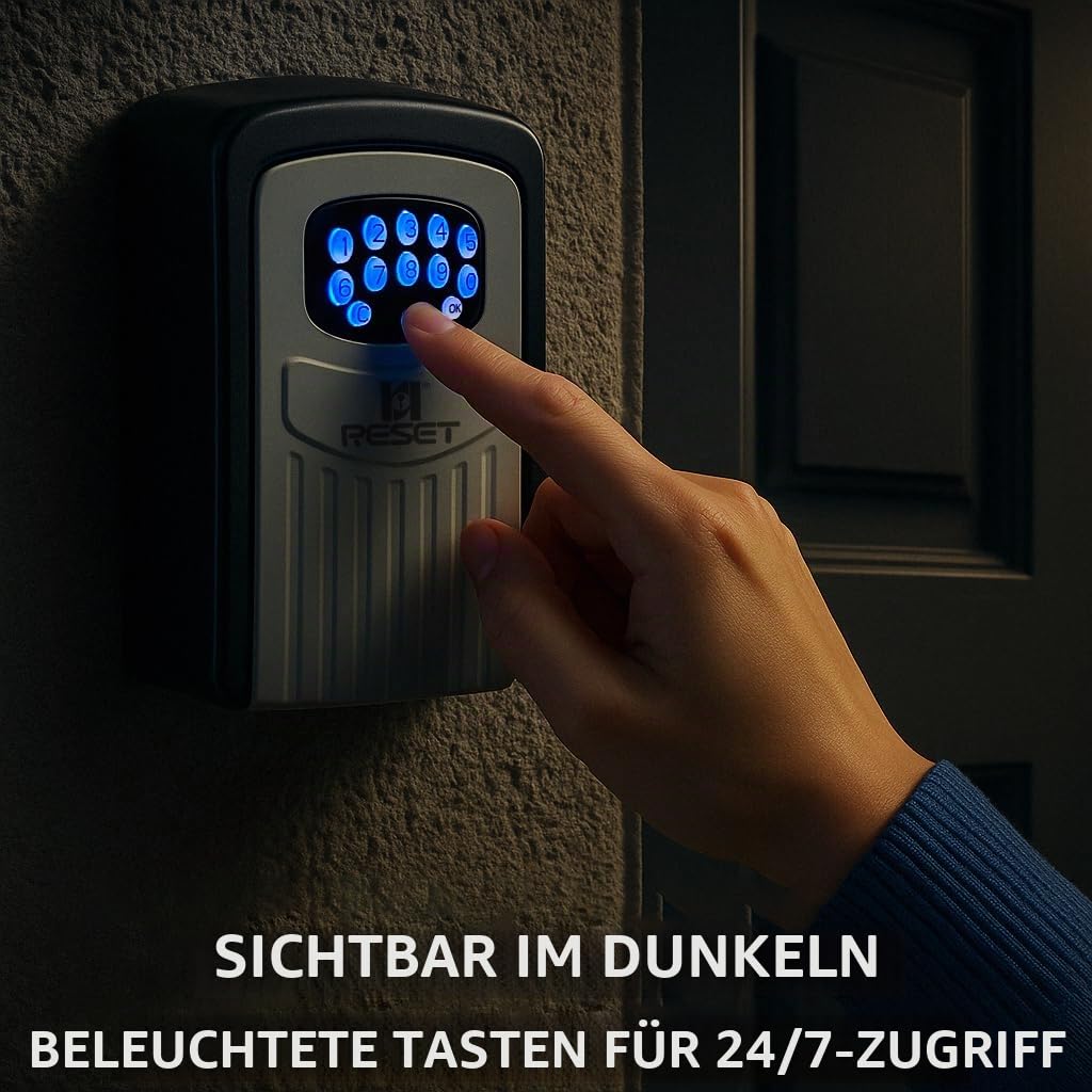 RESET-104 Bluetooth Schlüsseltresor – wetterfest, Metall | Beleuchtete Tastatur, 6-stelliger Code voreingestellt, Änderbar auf 8-10 Stellen, Stabiler Schlüsselsafe, Außen-Schlüsselbox