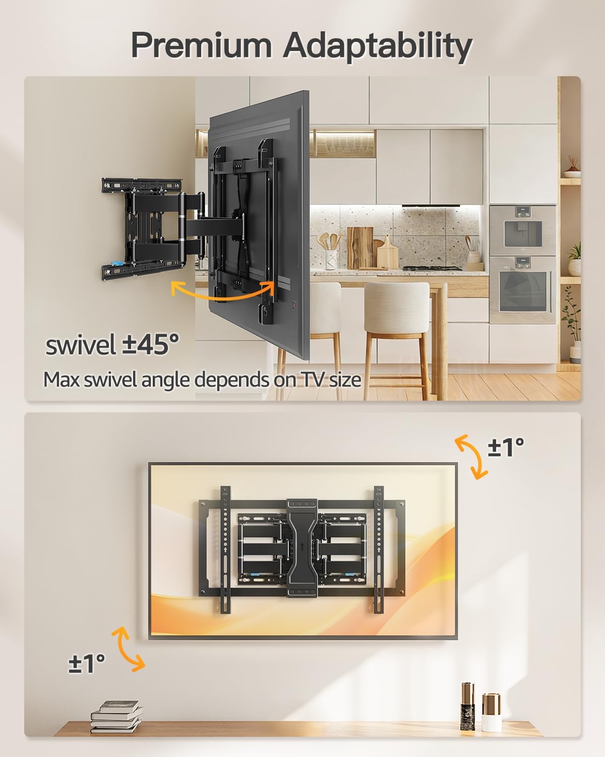 ELIVED Staffa TV ultra sottile da 2,8 cm per TV da 37-90 pollici, Staffa TV pesante 60 kg, Supporto TV a parete girevole snodabile, VESA max 600x400mm, adatto per montanti in legno 16"