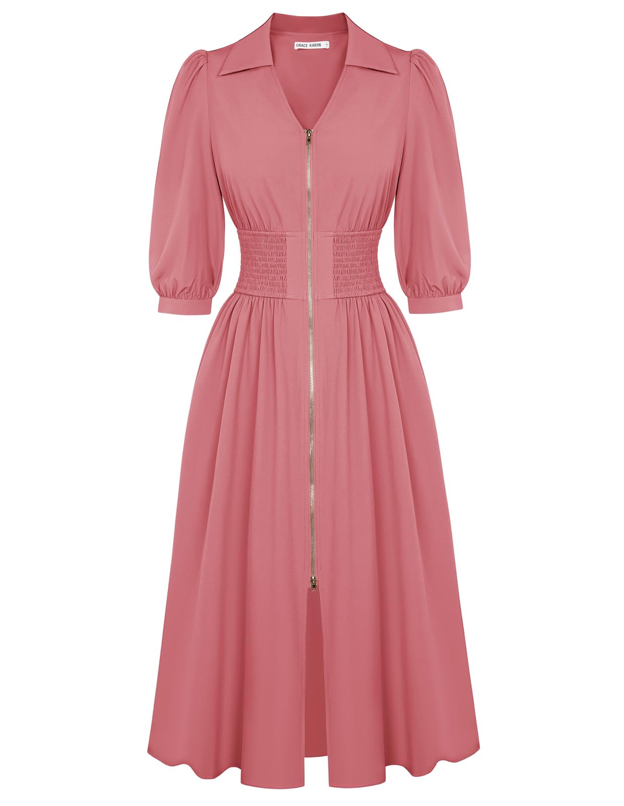 GRACE KARIN Casual Work Dress 3/4 Sleeve V Neck Midi Dress A Line Smocked Short Sleeve Dress Zipper Pockets Business Pink Size M