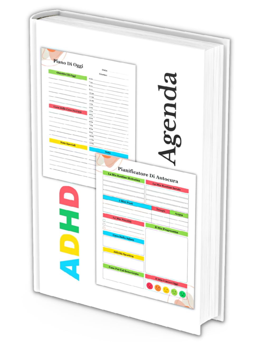 Agenda ADHD: Pianificatore Non Datato, Colorato, Settimanale e Giornaliero per l'Organizzazione, la Produttività, la Gestione del Tempo e del Denaro, con Gratitudine, Riflessioni per Adulti con ADHD