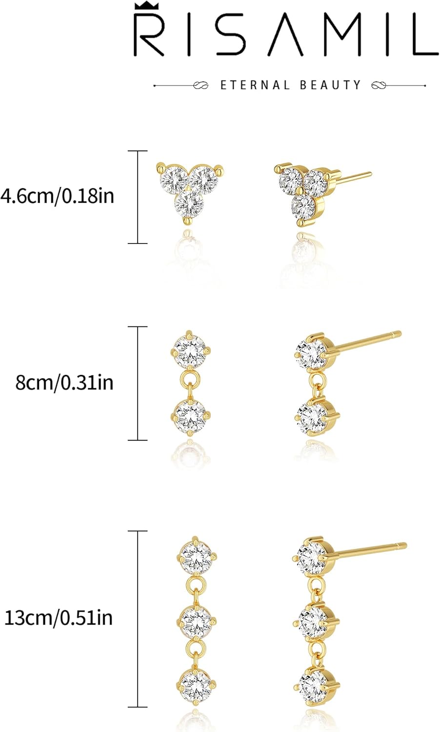Risamil 14K Gold Plated 3 Pairs Earrings for Women - Dainty Huggies Hoops Set Trendy Cubic Zirconia Stud Jewelry - Image 5