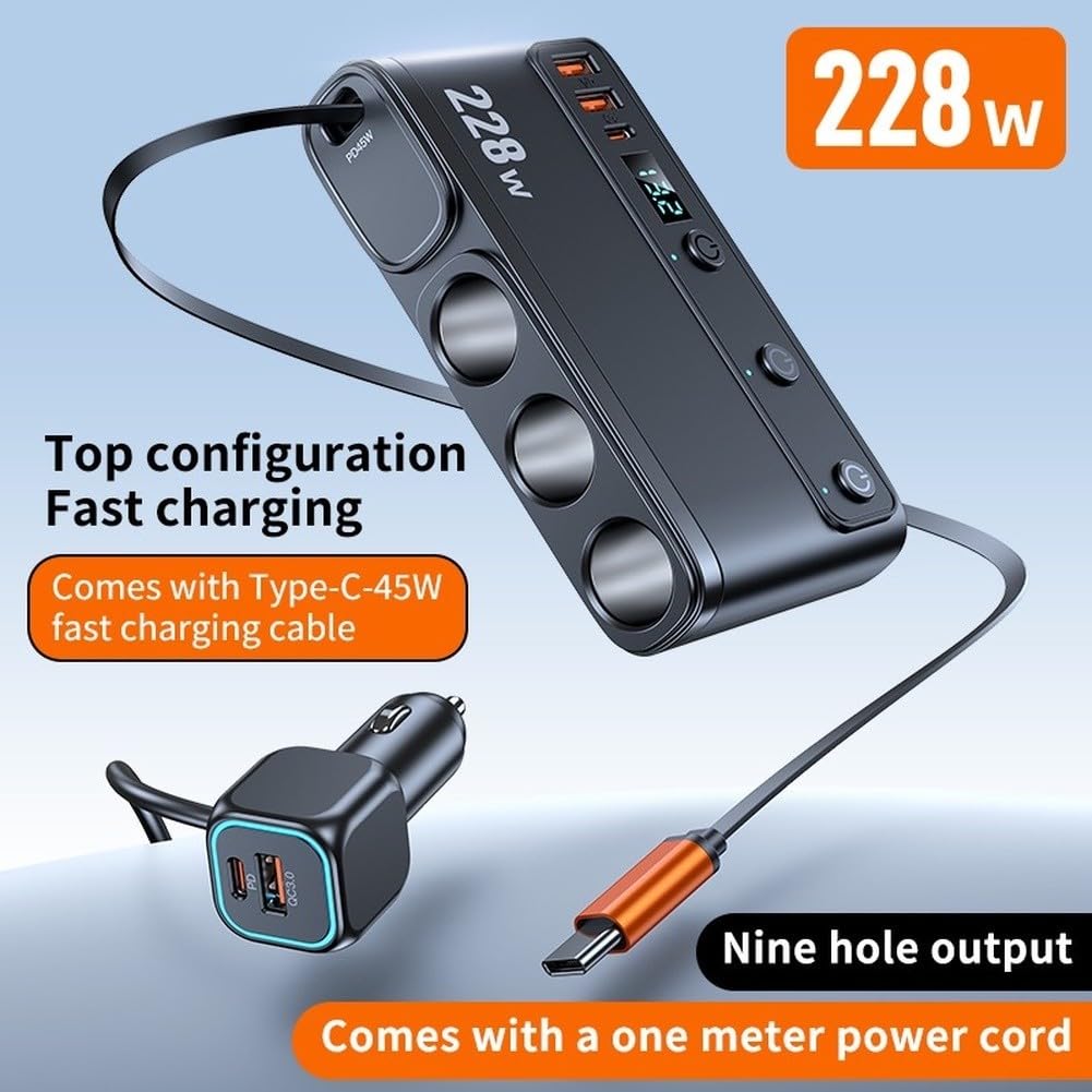Chargeur de voiture répartiteur avec câble rétractable de 65 cm, adaptateur de charge rapide PD 45 W, double ports USB pour iPhone pour Samsung, distributeur d'alimentation de véhicule 12 V-24 V