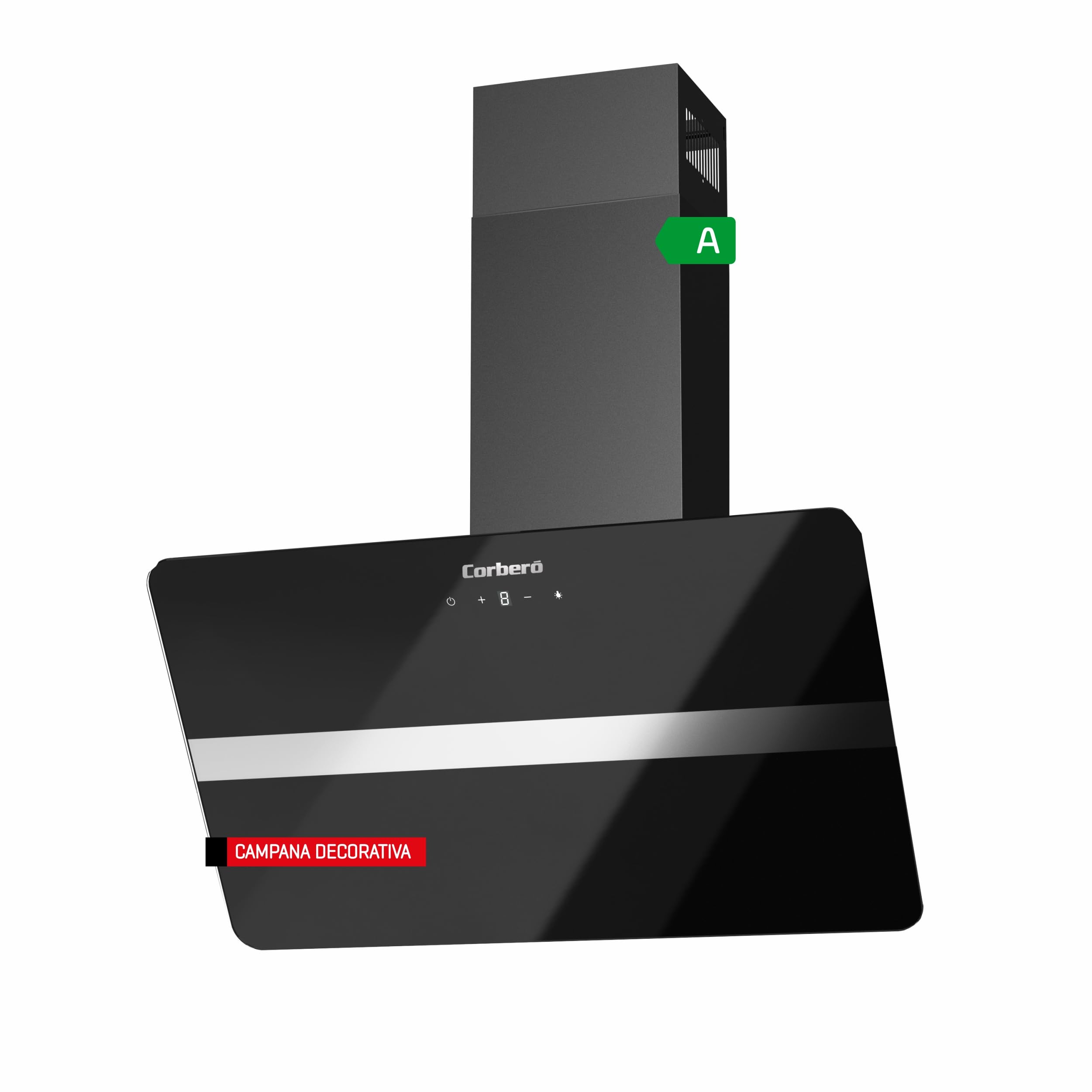 Corberó - Decorative Hood | Black Glass | 70 cm | VICTORIA760B | 3 Speeds | Touch Control | Flow Rate 594.2 m3/h | Tempered Glass | Aluminium and Carbon Filter | Energy Efficiency A, Black