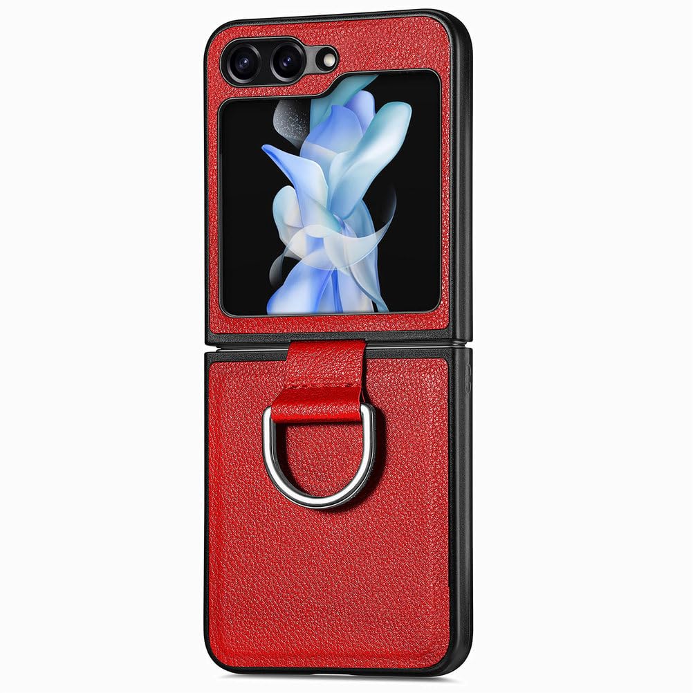 HAO RIYLN Cover for Samsung Galaxy Z Flip 7, Slim Leather Protective Phone Case with Finger Ring Shockproof Cover Supports Wireless Charging,Red,Flip
