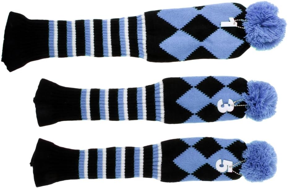3 Pcs Knitted Pom Pom Sock Covers 1-3-5 Golf Headcover Set For Golf Dirver/Fairway Wood Golf Club Headcovers Amparo Blue One Size