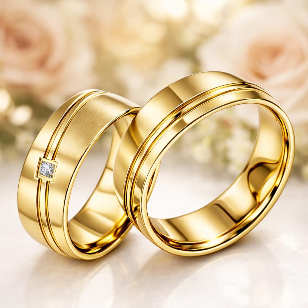 Blue Moon Diamonds Paar Partnerringe & Eheringe aus Edelstahl mit PVD Gold – Ringpaar 6 mm mit Zirkonia & Wunschgravur - Trauringe Freundschaftsringe im Etui | 1880