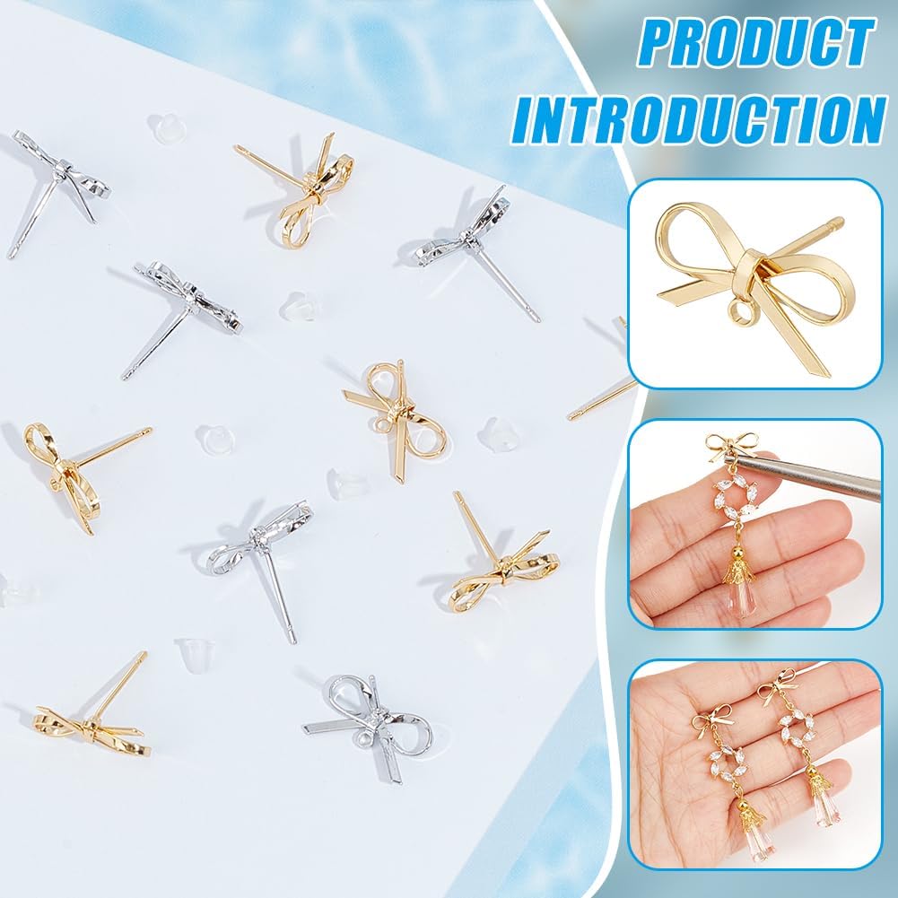 BENECREAT 24Pcs Real 18K Gold Plated Earring Stud, Brass Bow Tie Earring Findings Posts Stud with Loops and 40Pcs Plastic Ear Nuts for Earring Jewelry Making, Gift DIY - Image 4