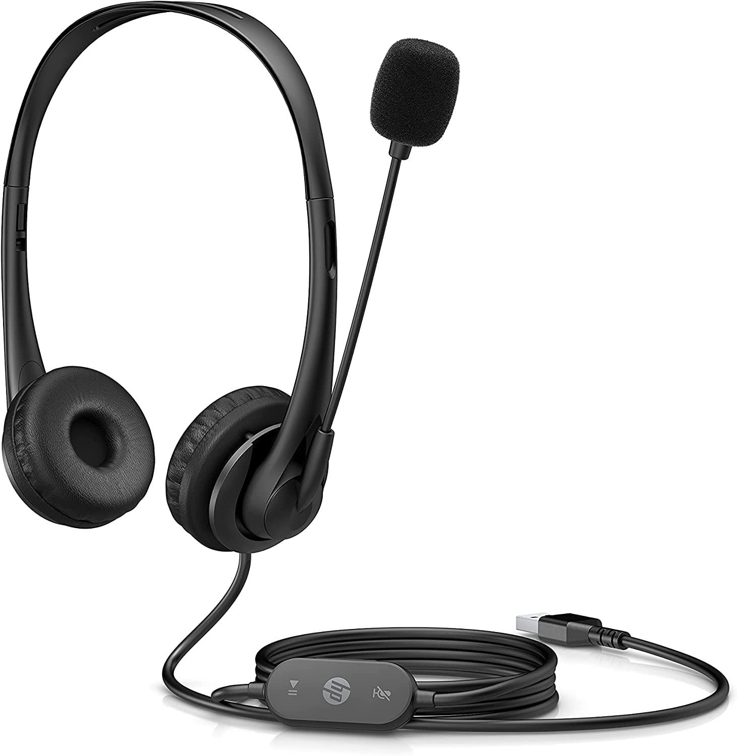 HP G2 Cuffie Stereo Cablate, Connessione USB-A, Comandi Integrati nel Cavo, Microfono Ripiegabile e Archetto Regolabile, Imbottitura in Ecopelle, Riduzione del rumore e Funzione Silenziamento, Nero