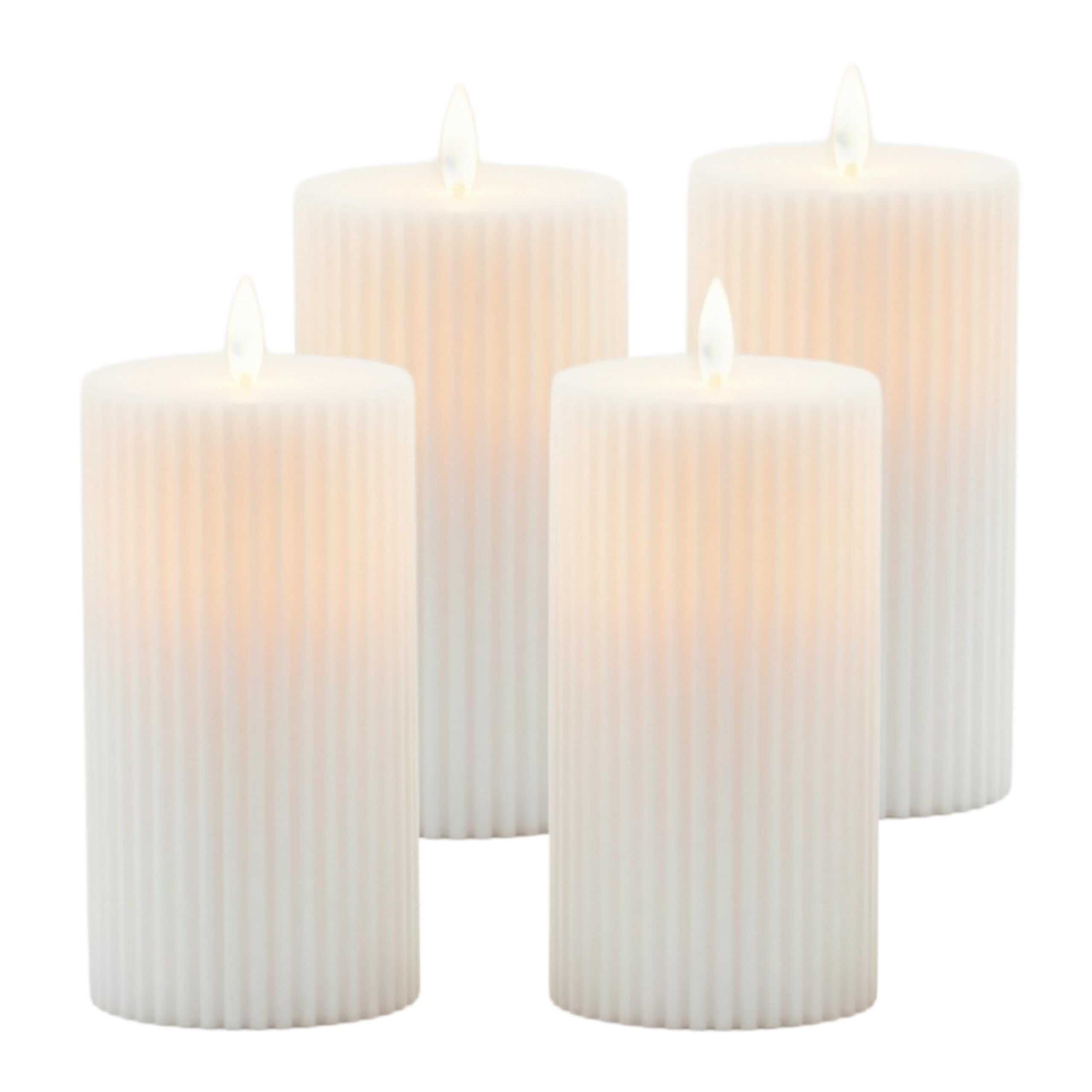 Relaxdays LED Kerzen, 4er Set, HxD: 18 x 7,5 cm, flackernde Flamme, Echtwachs, Rillen, flammenlose Blockkerzen, weiß