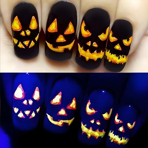 Uñas postizas cuadradas medianas con diseño de calabaza que brillan en la oscuridad, uñas adhesivas con puntas francesas, uñas acrílicas para
