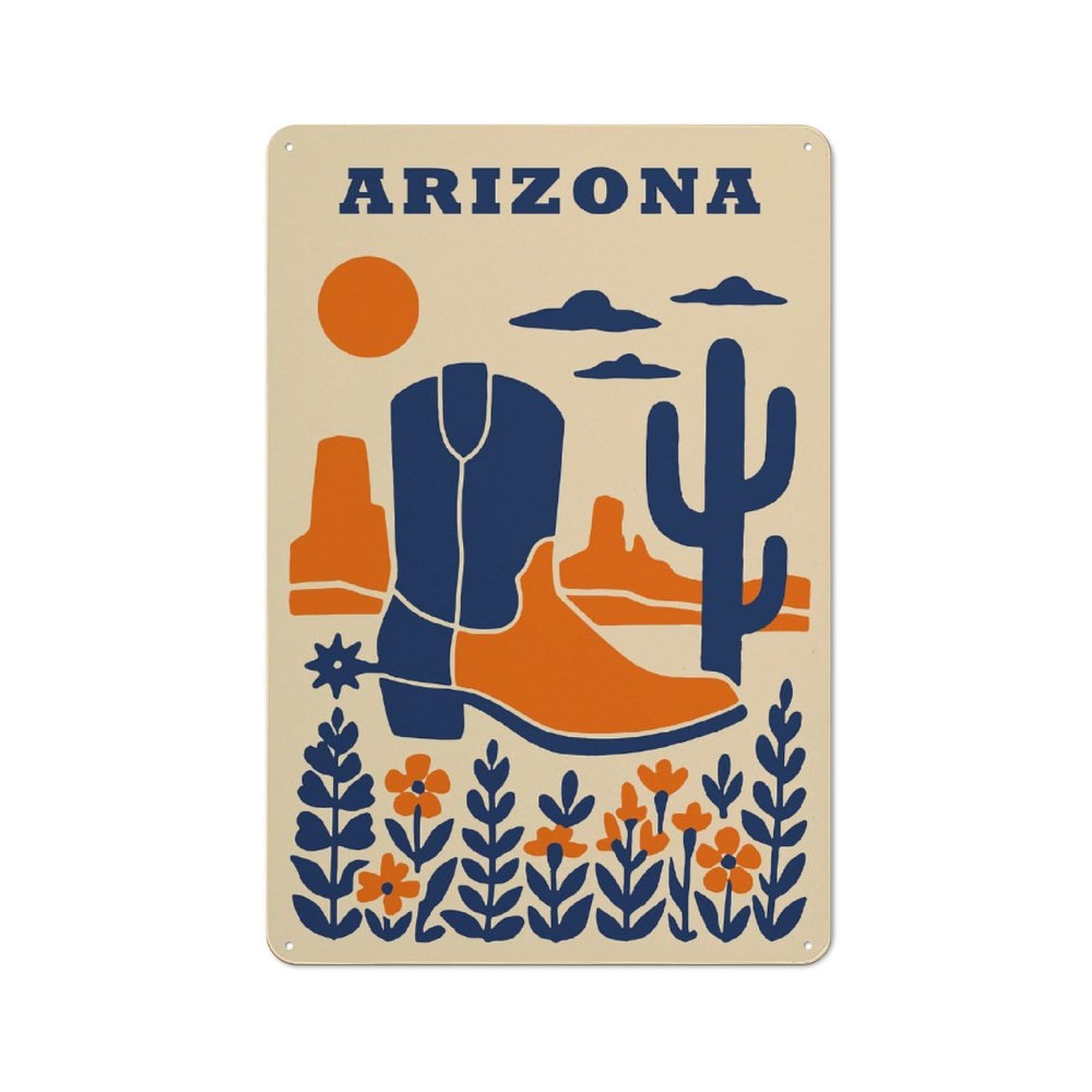Junmoney Style-4 Arizona Desert Cowboy Boot Illustration Vintage Tin Sign 30X20cm For Café Or Home Bar, With Clear Vintage Wall Decor Character