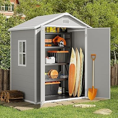 Gizoon Outdoor Storage Shed, 6x4 FT Resin Shed with Floor, Plastic Garden Tool Sheds with Lockable Door for Patio Backyard Lawn Pool, Gray