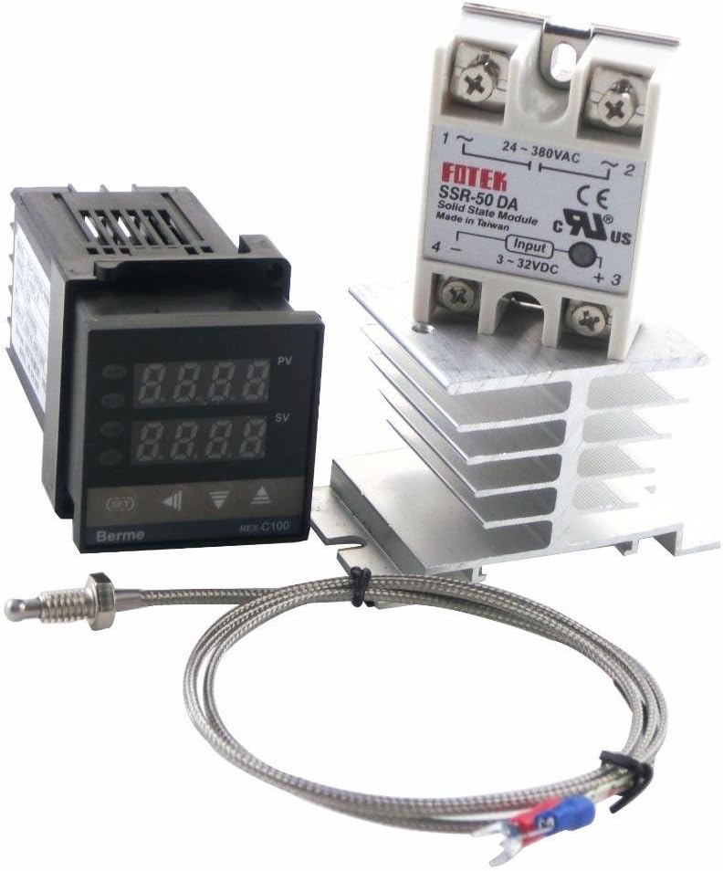 Digital PID Thermostat Temperature Controller, DA 50A SSR Solid State Relay, 1M K Thermocouple, White Heat Sink