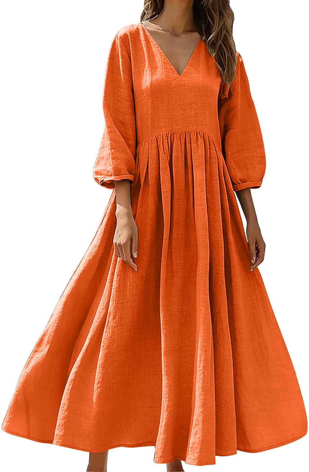 Women Solid Cotton Linen Long Maxi Dress Summer 3/4 Sleeve Caftan Loose Fit Flowy Empire Waist Vacation Beach Dresses