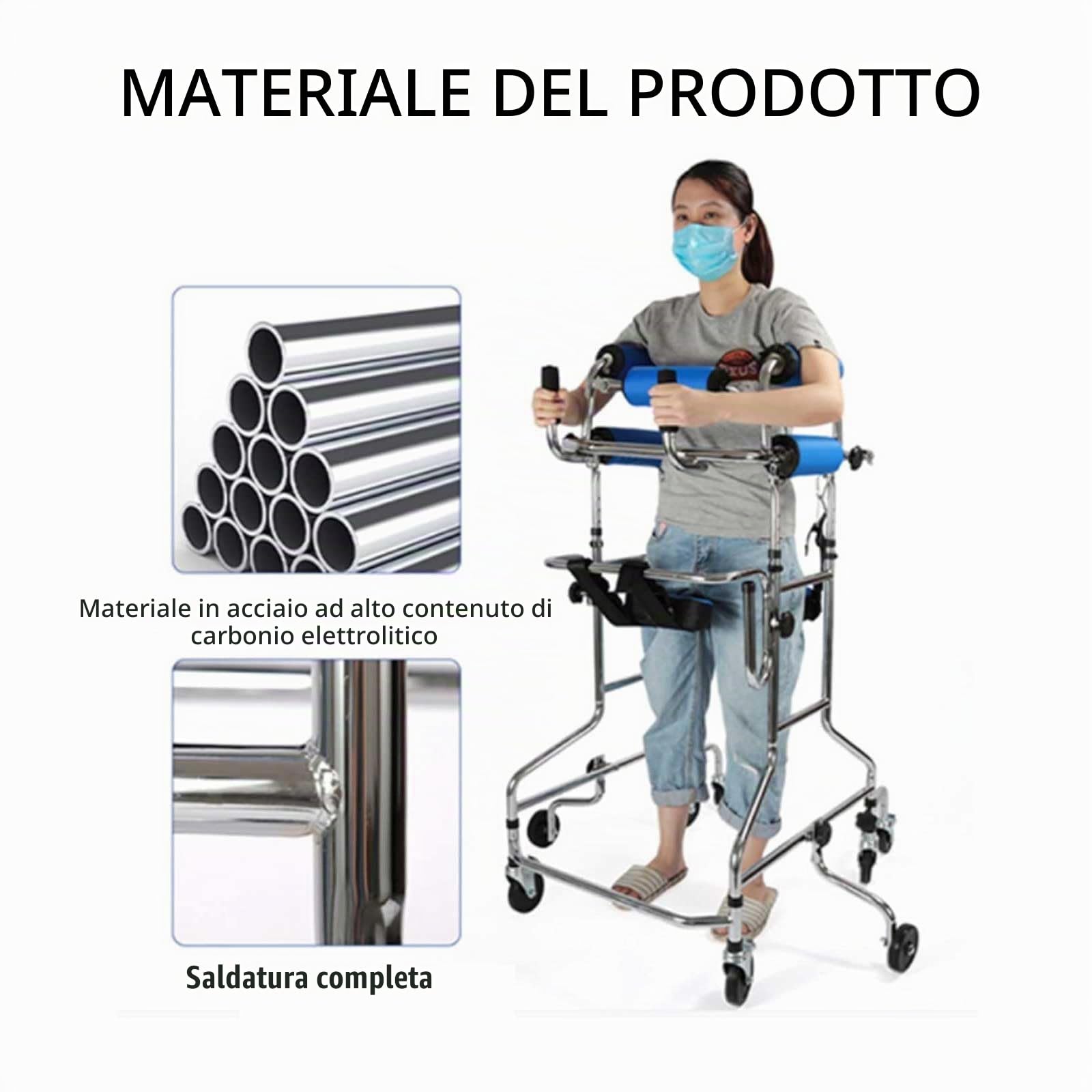Deambulatore per Anziani con Freno a Mano, Girello Ascellare con Seduta, Altezza e Larghezza Regolabili, Supporto Portatile per Riabilitazione Emiplegia per Esterno e Interno (U-1)