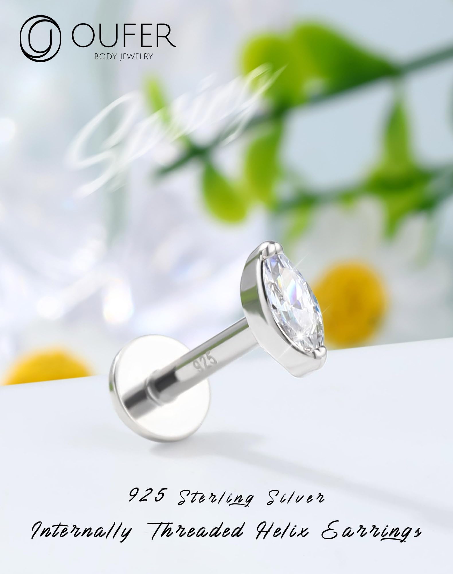 OUFER 16G 8 mm Piercing Orecchio Helix Argent 925 Cartilage Earring Internally Threaded Lip Piercing Marquise Tragus Stud Trasparente CZ Orecchino Conch (Argent)