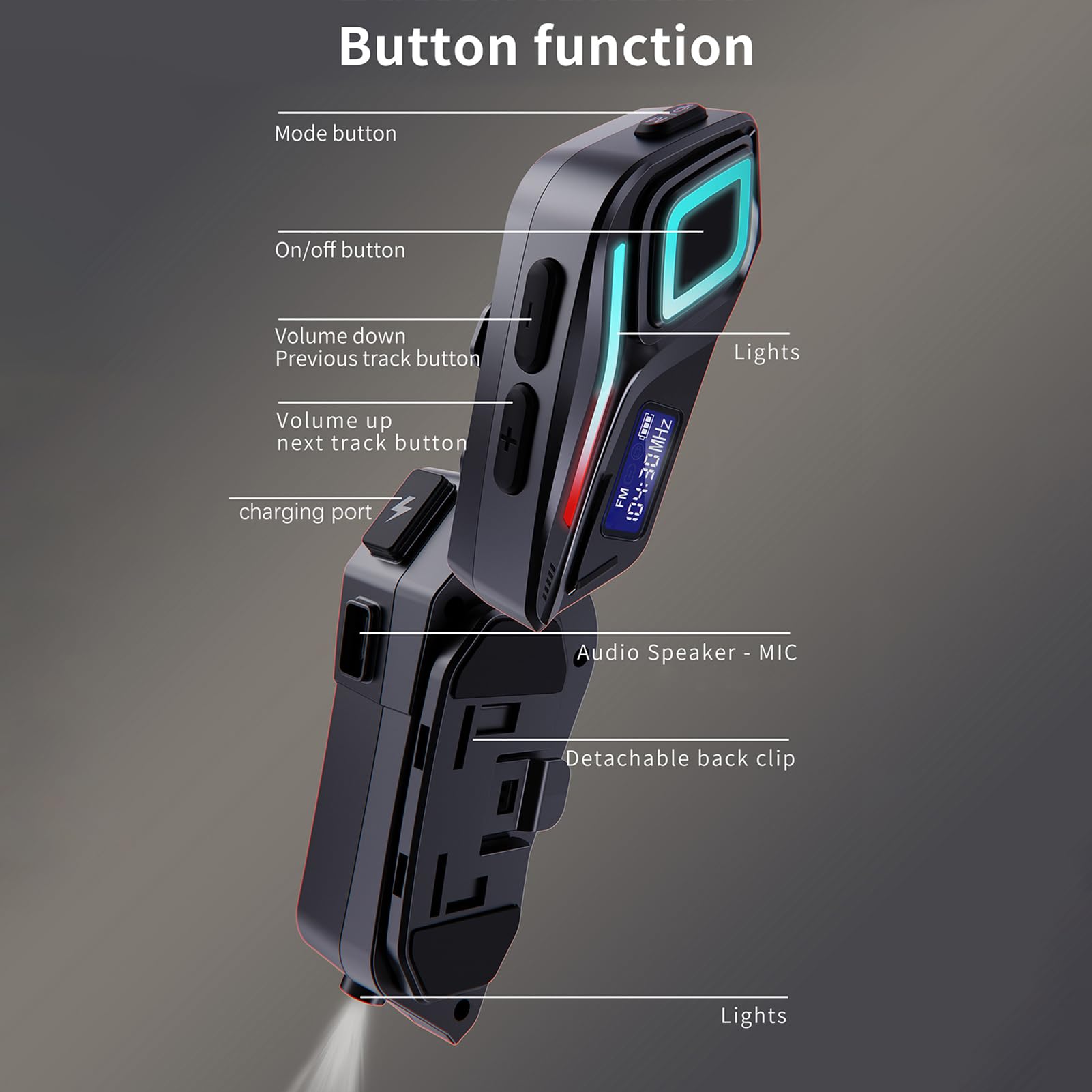 Docooler BT5.4 - Cuffie per casco da moto con radio FM, cuffie per moto con luce flashlight/ambiente, IP65, impermeabile, microfono per cancellazione del rumore, assistente vocale, digitale LCD
