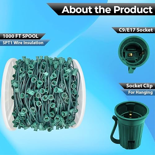 Miniatura 2 de MIK Solutions Carrete de Navidad C9 de 1000 pies, alambre verde con carrete a granel, espacio de 12 pulgadas, base intermedia (C9E17), SPT-1 (1000,