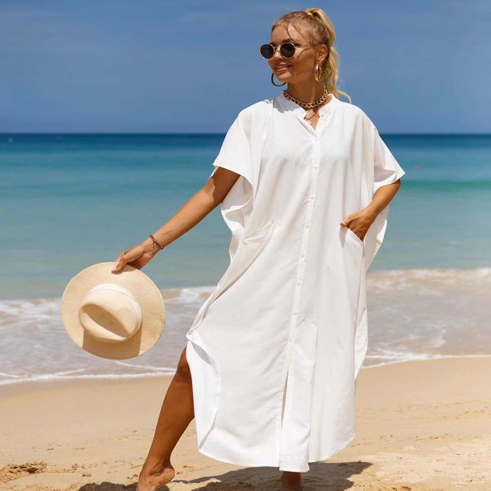 Vestido largo de traje de baño para mujer, con abertura lateral y botones hacia abajo, kimono, salida de baño para la playa
