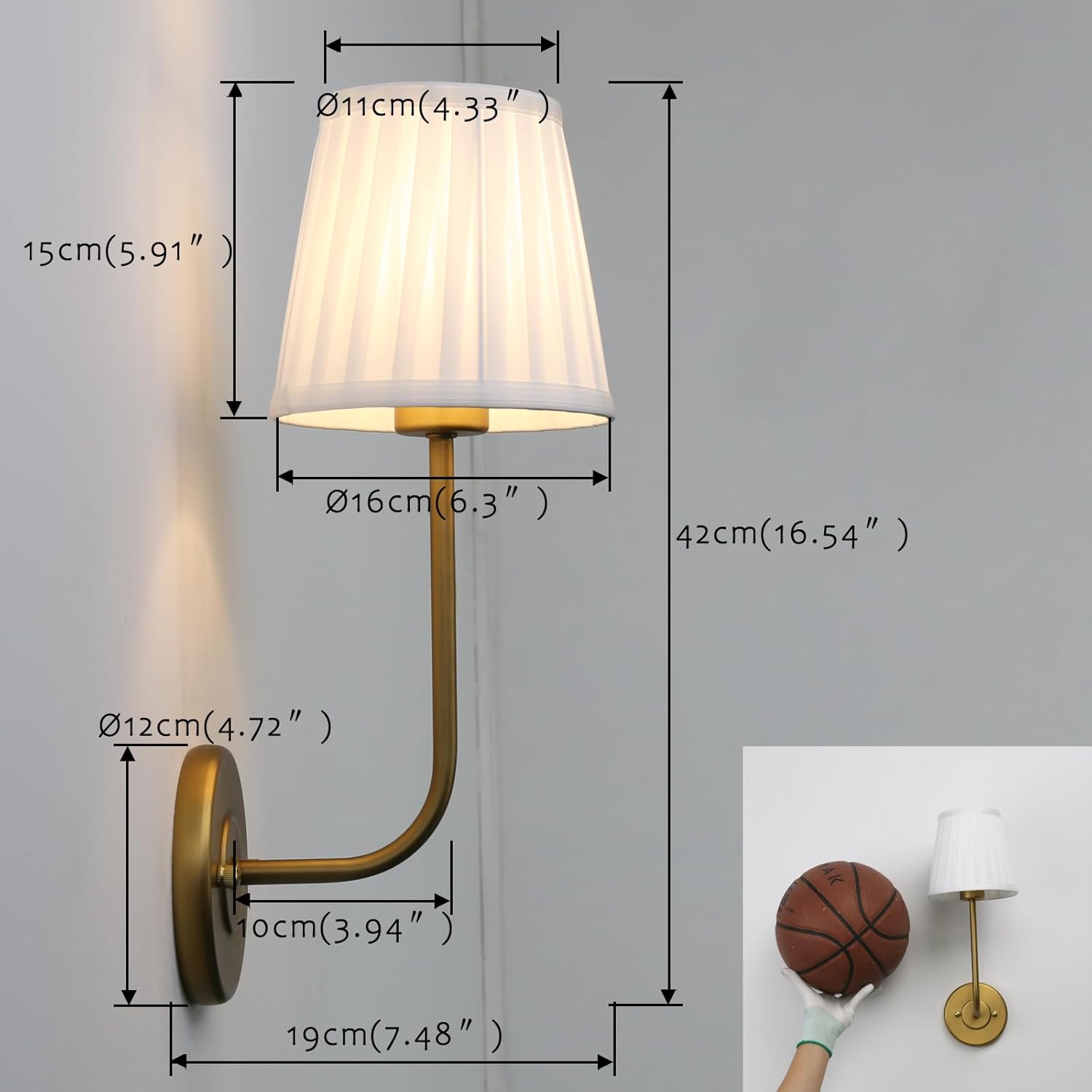 Pathson White Pleated Fabric Wall Sconces Set of 2, Hardwired Bathroom Vanity Lights Curved Arm, Vintage Wall Painting Lamp Decor for Living Room Bedside Lighting