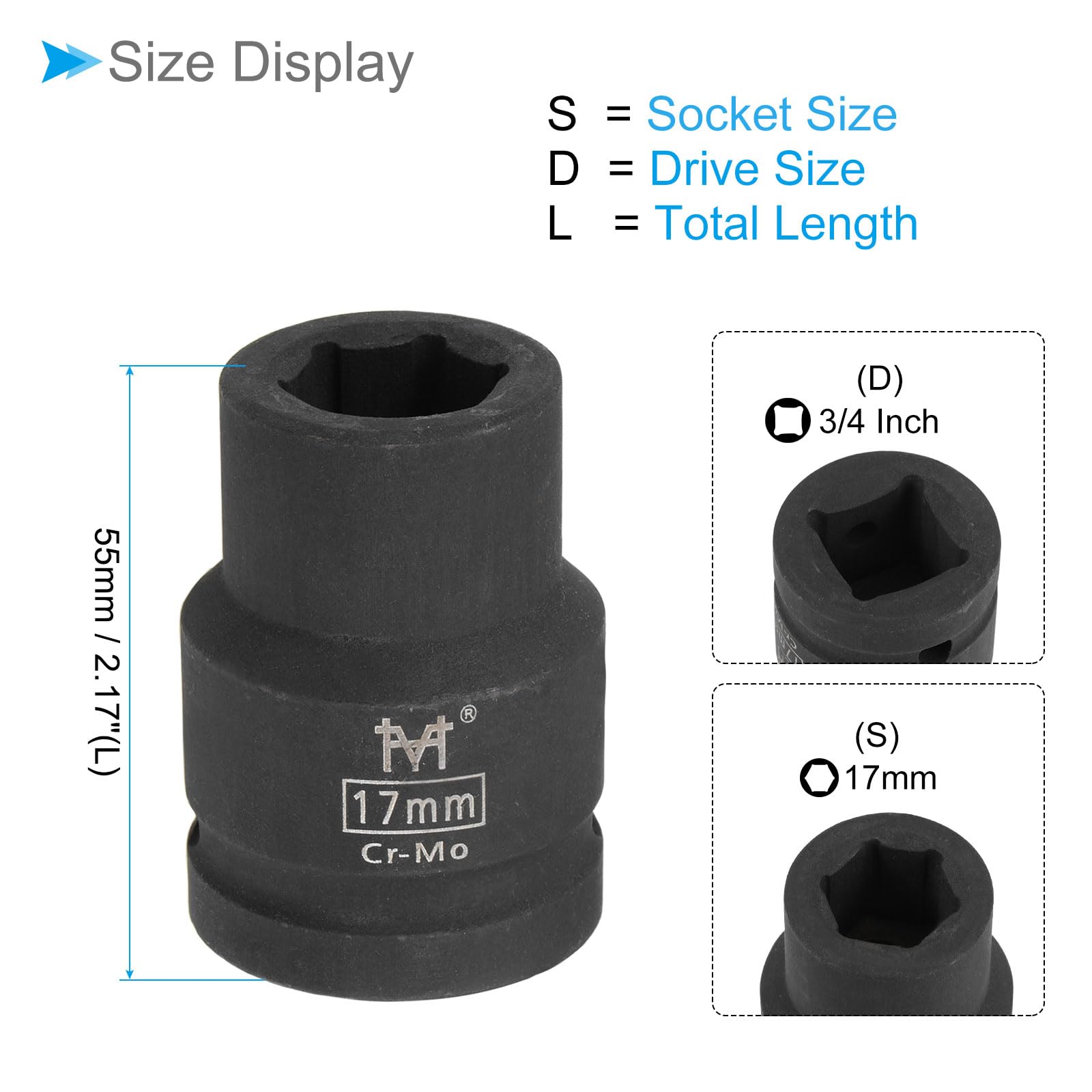 CoCud 6-Point Shallow Impact Socket, 3/4-Inch Drive 17mm Socket, Cr-Mo Axle Nut Impact Socket - Image 2