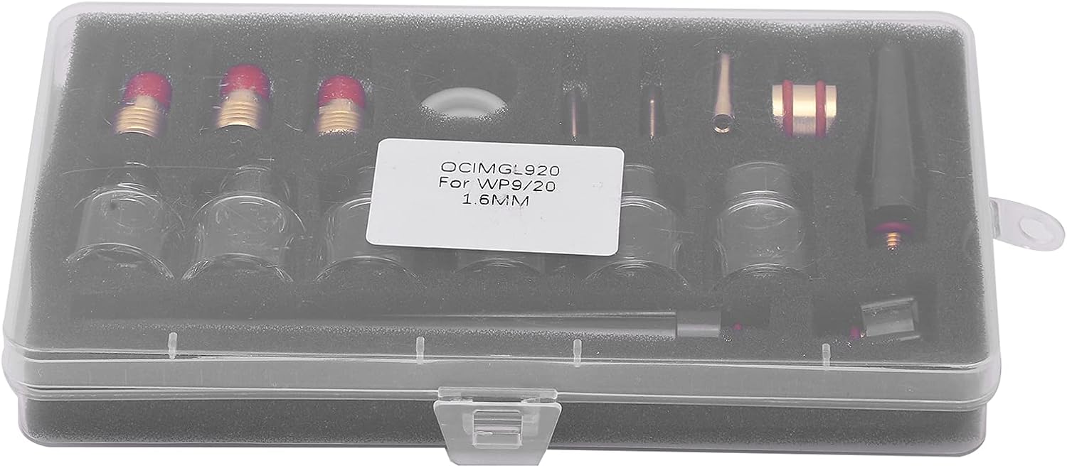 Welding Torch Accessories Kit for WP9/20, Professional Welding Glass Cup Nozzle and Tungsten Clamp Kit, High Quality Brass and Glass Material with 2mm Thickness, Includes 6 Glass N