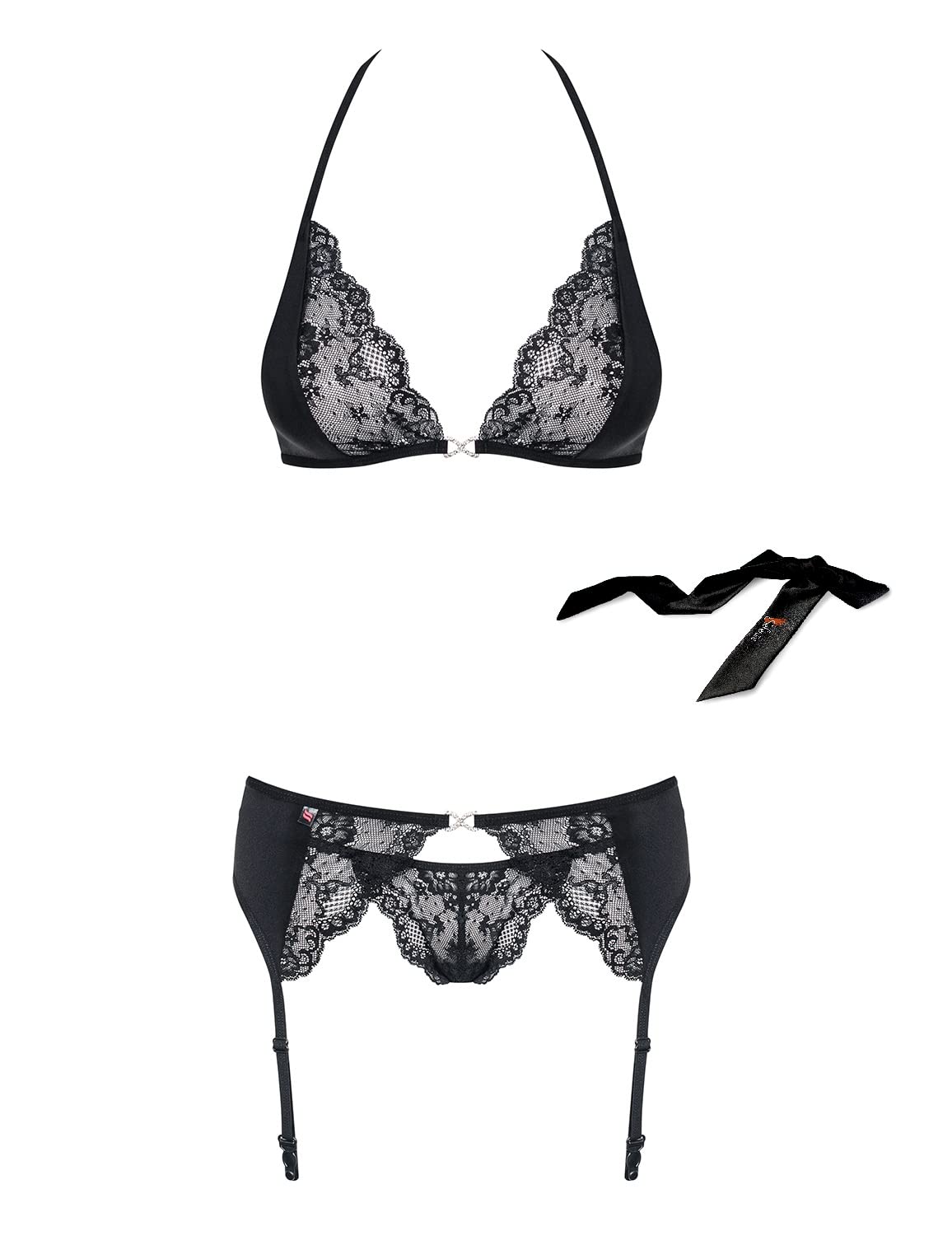 Selente Love & Fun verführerisches mehrteiliges Damen Dessous-Set aus BH, ggf. Armbändern, Strapsgürtel/Tanga & Satin-Augenbinde, Made in EU