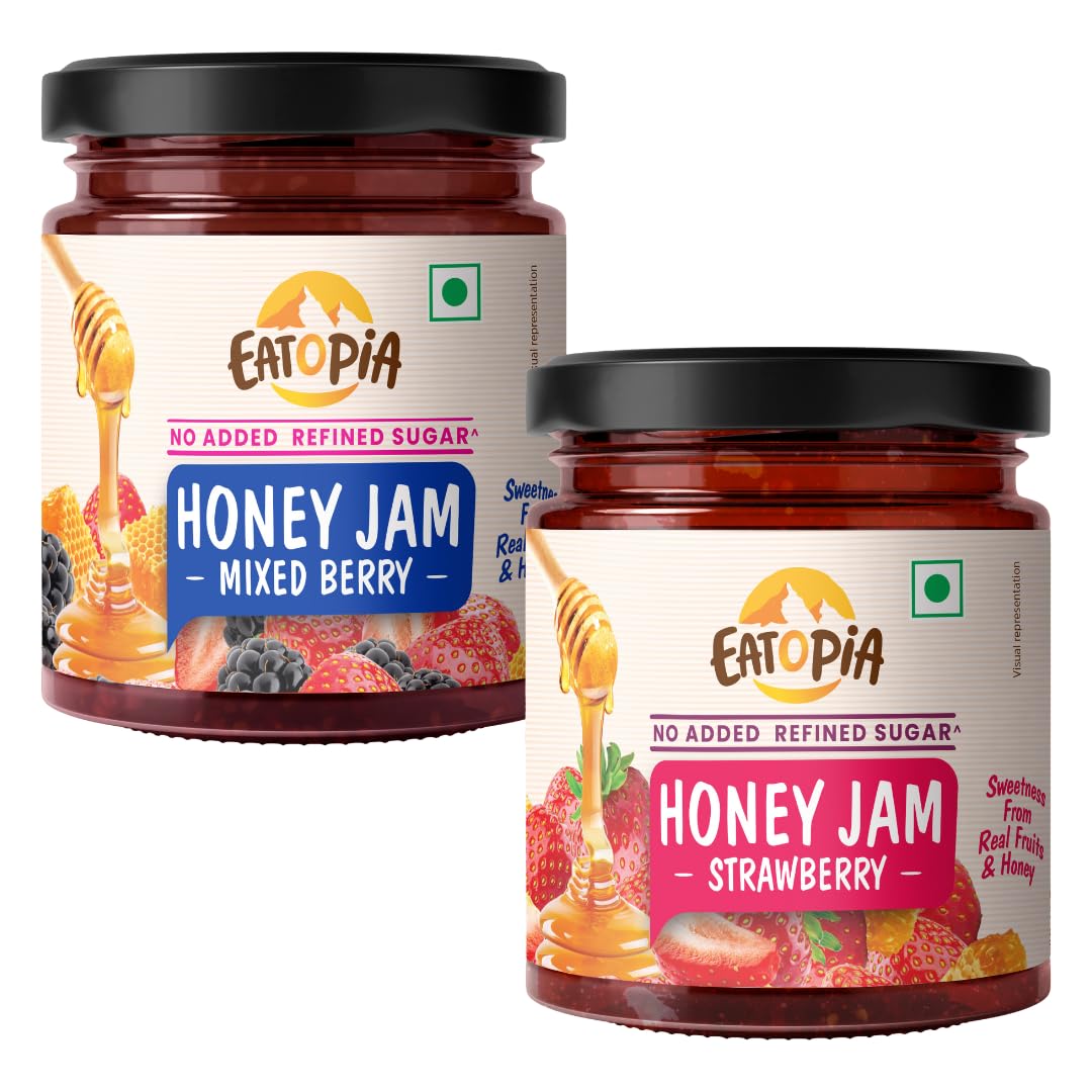 Eatopia Sugar Free Mixed Berry & Strawberry Honey Jam | 100% Pure & Natural | Healthy Jam for Kids & Adults | No Added Flavours & Preservatives | 70% Real Fruits & Wild Honey | Pack of 2 | 480g