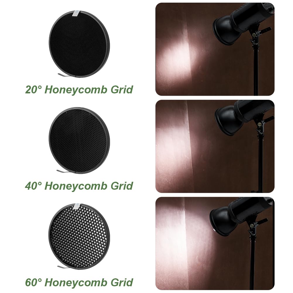 AHANDMAKER Difusor reflector estándar de 18 cm, con rejilla de panal de 20/40/60 grados, paño suave blanco para estudio fotografía flash