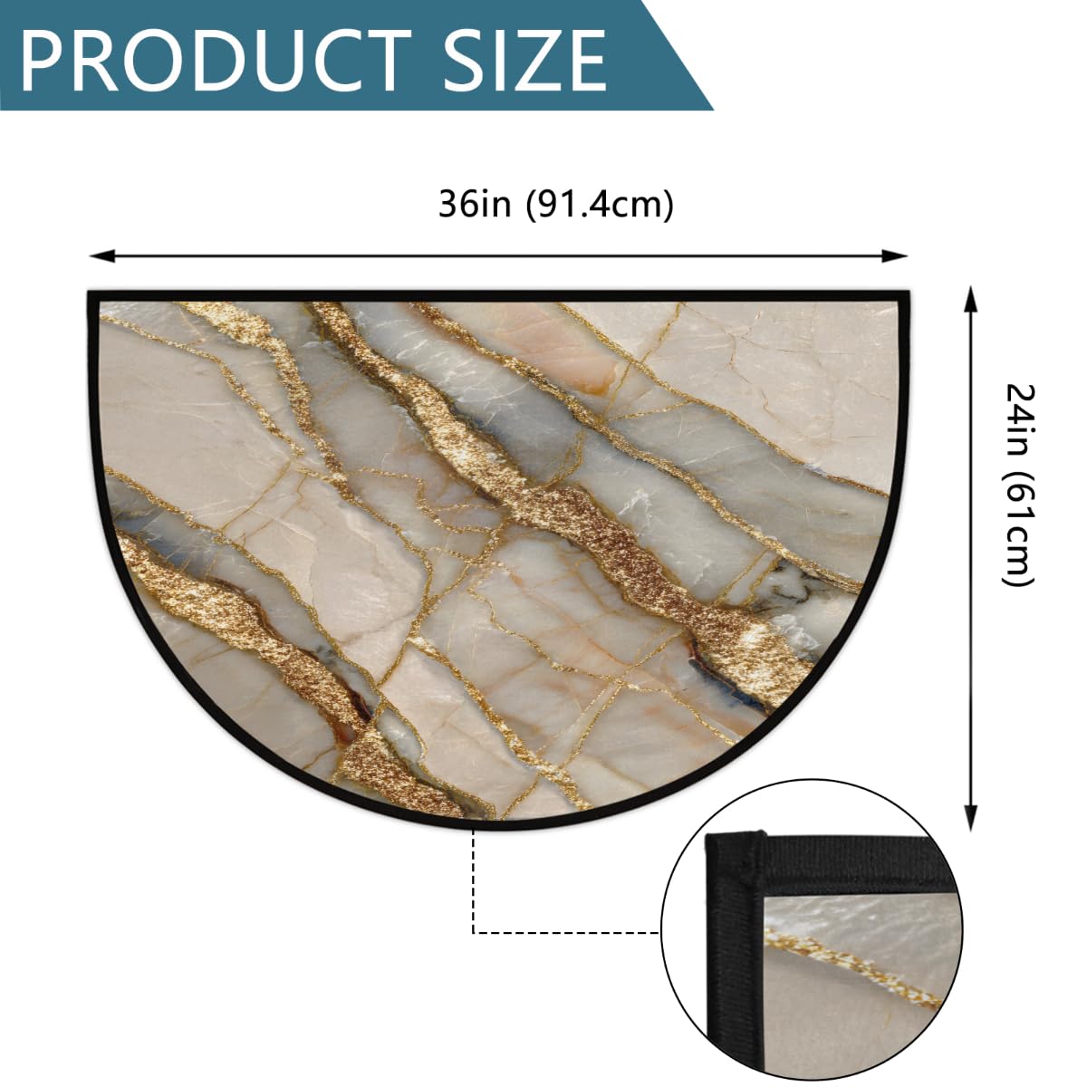 Felpudo semicircular Lavable Antideslizante de mármol Beige Dorado para