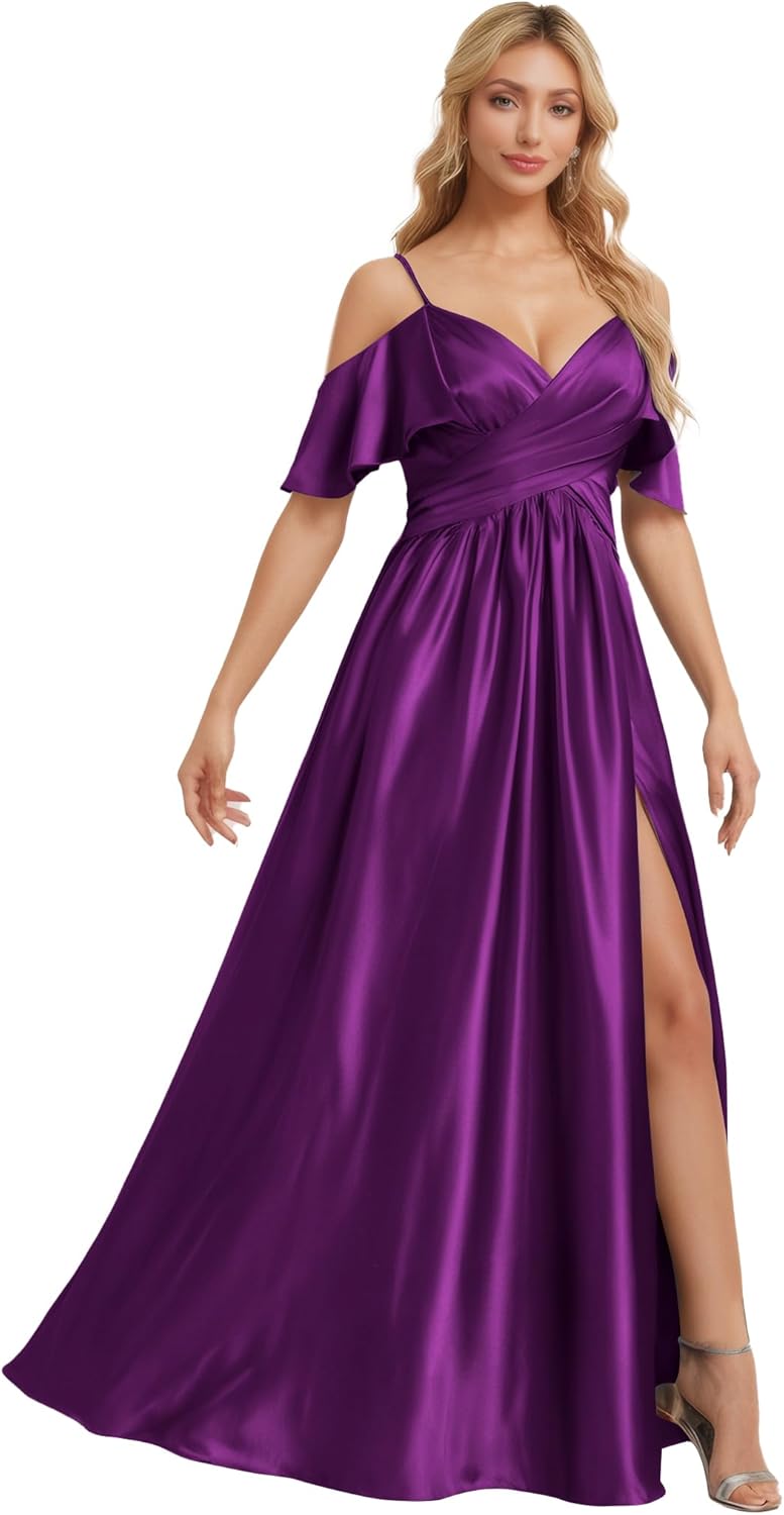 Everlong Cold Shoulder Bridesmaid Dresses 2025 Satin Spaghetti Straps Prom Dress High Slit Formal Evening Gown EL010