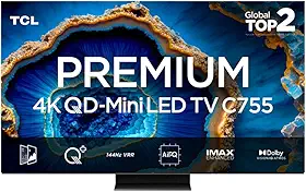 Smart TV TCL 75 Polegadas QLED Mini LED 4K C755 WiFi Bluetooth Google TV 144Hz VRR HDR10+ 75C755