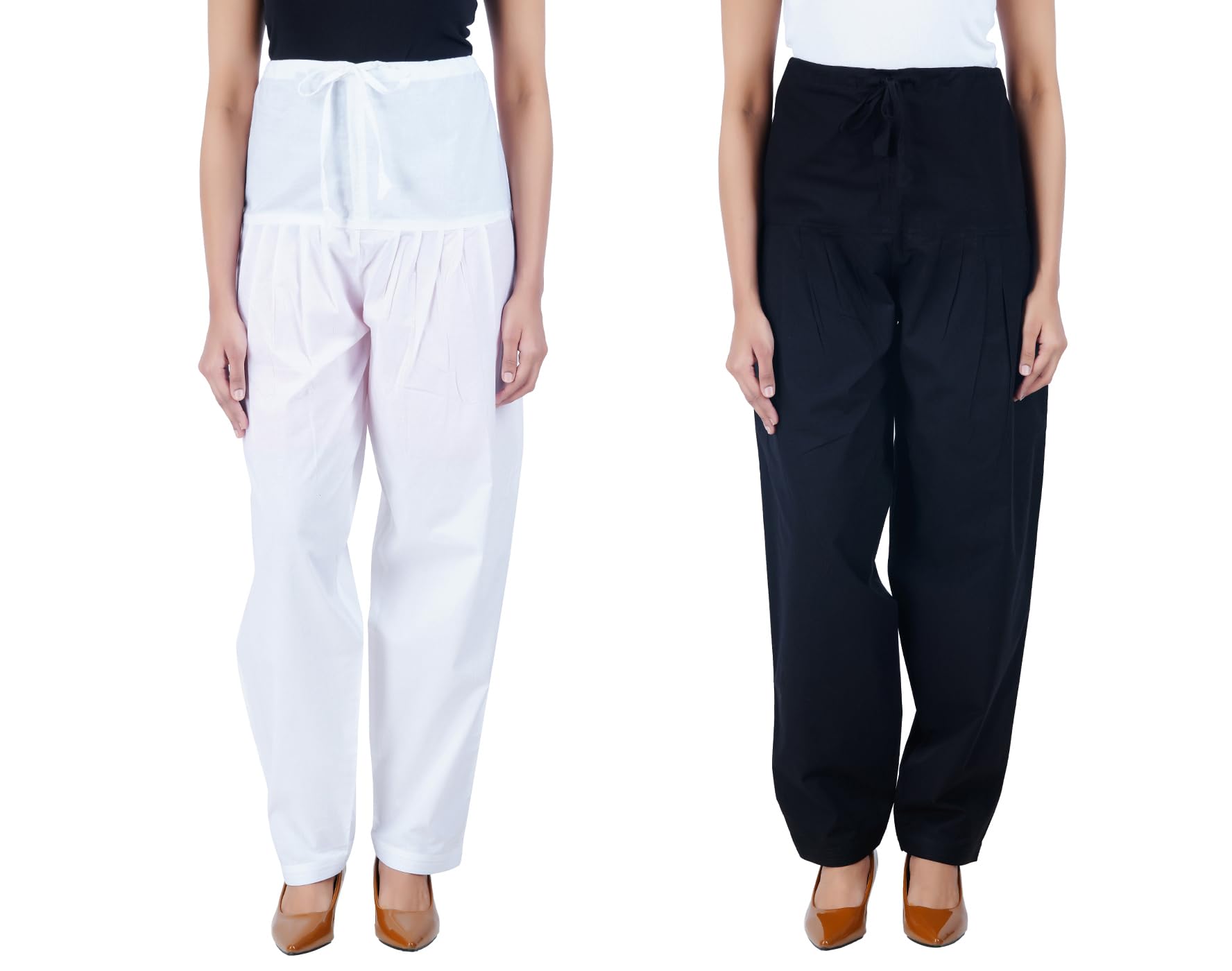 Cotton Salwar Pant for Women, Modern Semi Patiala Ethnic Trousers with Drawstring, Comfortable Office & Home Wear Ladies Pants - White & Black Combo, Size M-image-6