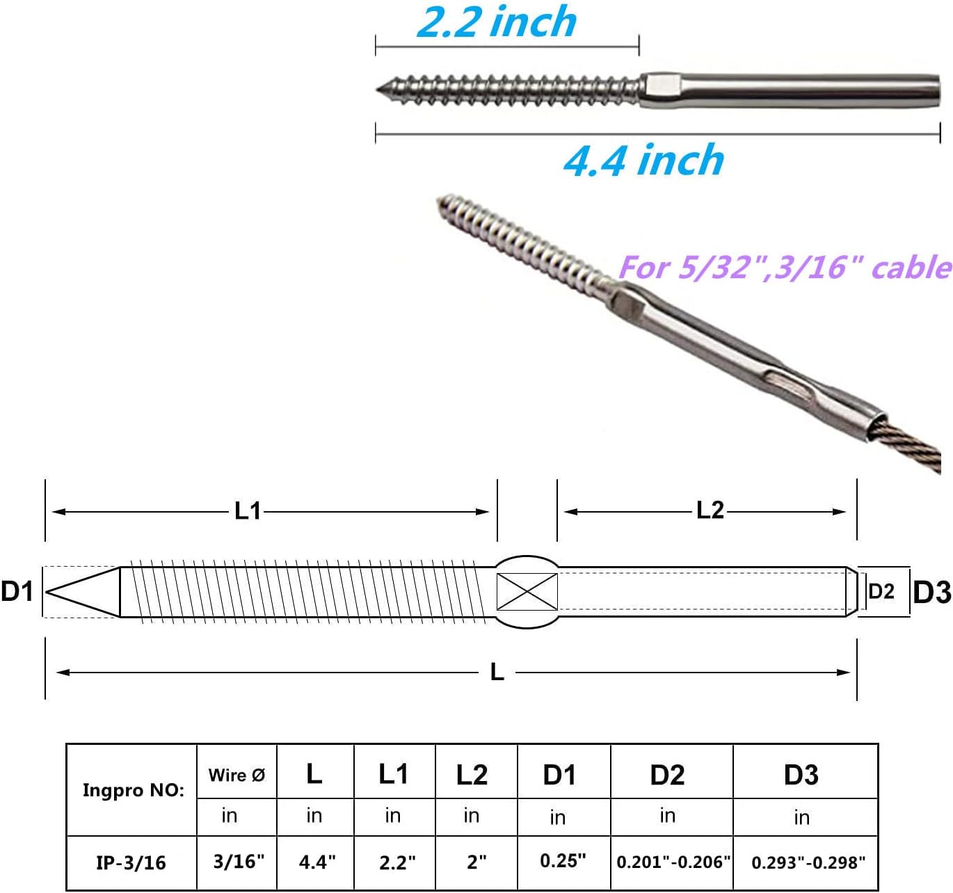 Ingpro 40 Pack 3/16" Swage Lag Screws, AISI 316 Stainless Steel Left & Right Handed Thread for Wood Post Cable Railing Hardware/Kit (20 Pairs)