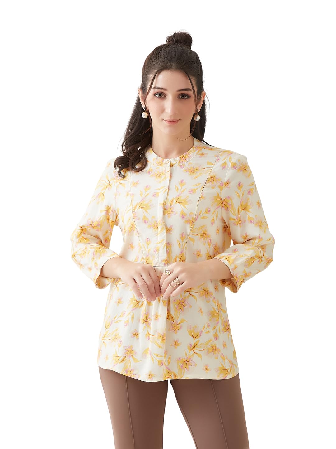 Latin Quarters Women Yellow Printed Round Neck 3/4th Sleeves Casual Tunic_M-picture-13