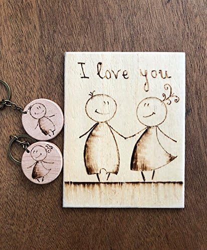 Couples gift set, wood keychain set and wood postcard