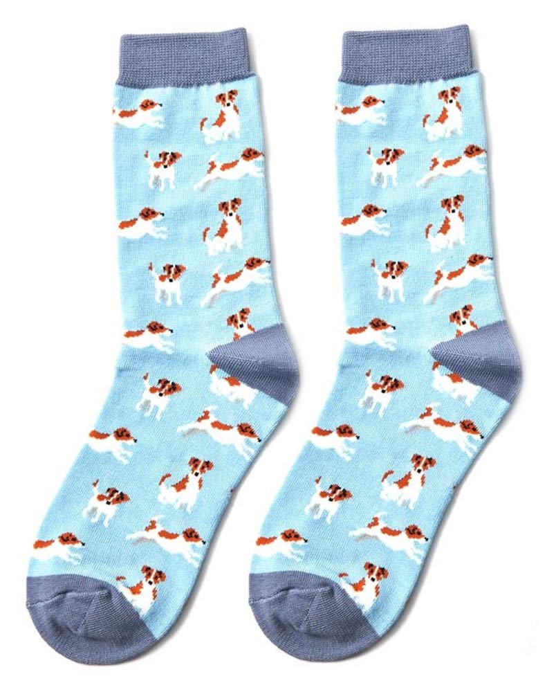 LilyRosa Jack Russell Dogs Socks Ladies Powder Blue Dog 3-7 Bamboo Mix 1 Pair