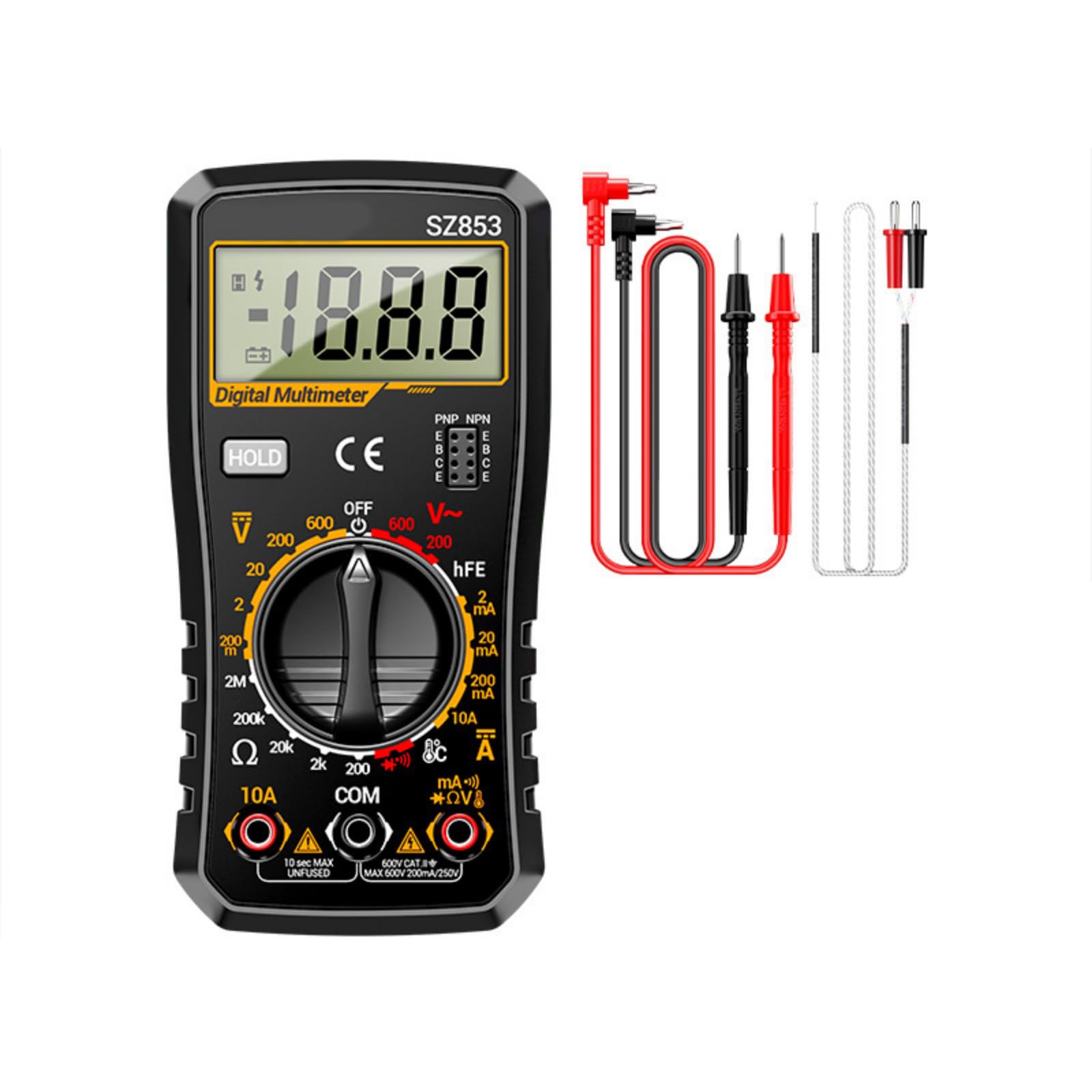 Professional Handheld ABS Digital Multimeter for Electronics Repair with HFE Transistor Testing and Temperature Probes Temperature Measuring Multimeter