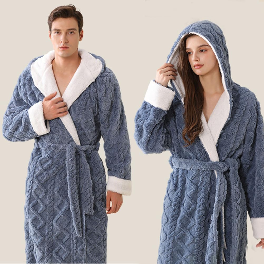 Batas largas de Felpa con Capucha para Hombre y Mujer Albornoz de Invierno Suave Esponjoso y cálido Bata de casa de Forro Polar para Parejas,Women Blue,L