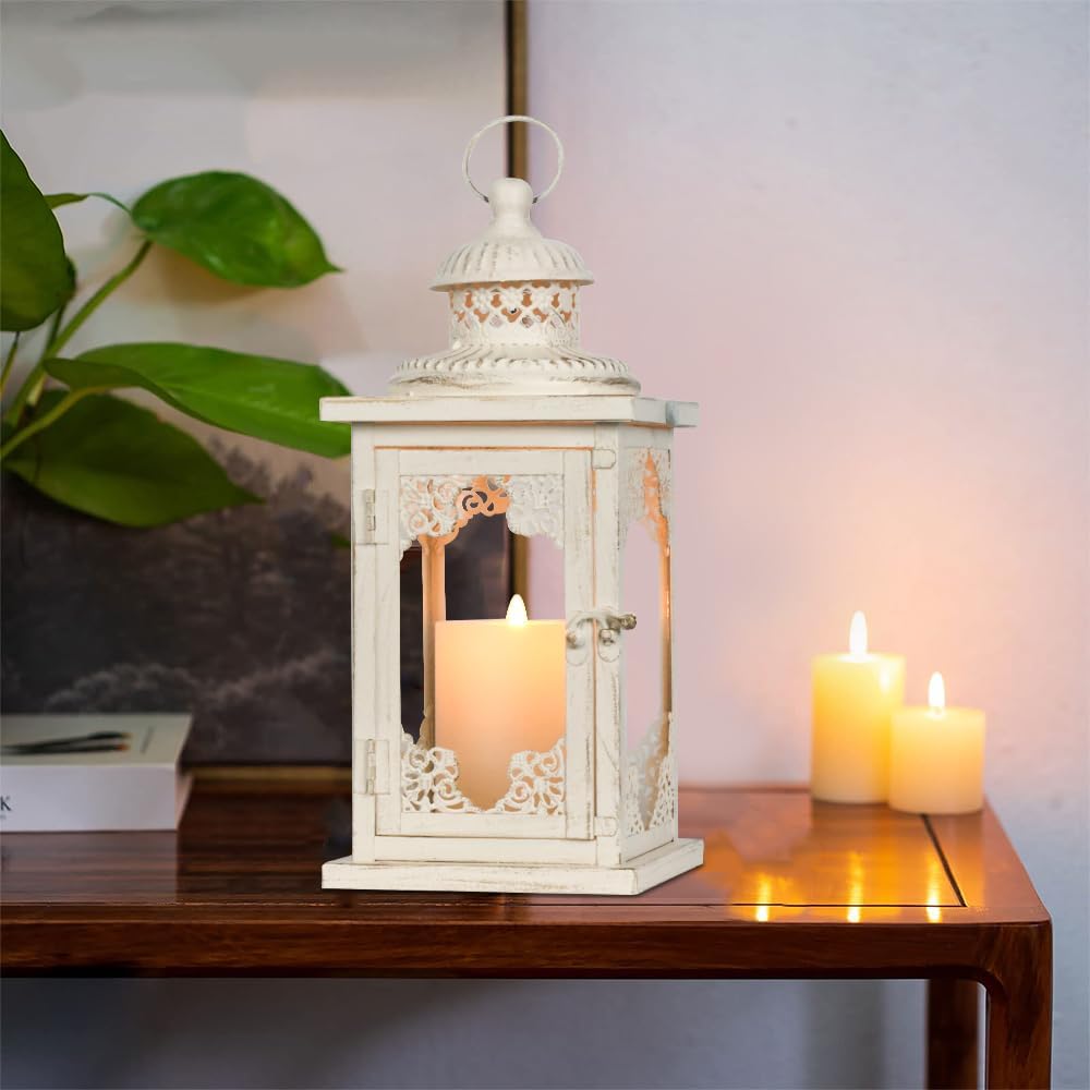 NEEDOMO Large Lanterns Decorative Indoor, 14'' Vintage Outdoor Lanterns with Clear Glass, Metal Candle Holder Lantern Rustic Farmhouse Shelf Decor for Indoor Outdoor Events Wedding and Party