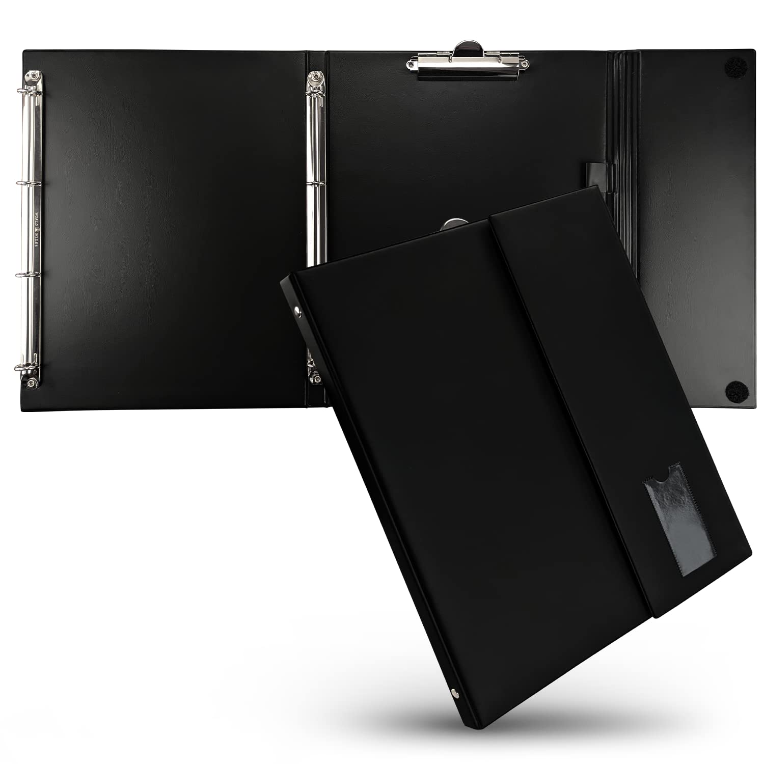 Netuno 1x Dokumentenmappe A4 Schwarz Klemmbrettmappe mit 4 Ring-Mechanik Dokumentenordner Büroordner Briefordner office folder organiser Dokumententasche Aktenmappe Fächermappe Konferenzmappe