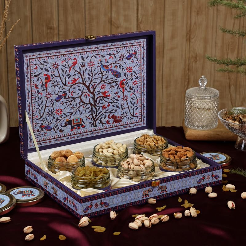 Riwaz Luxury Blue Beauty Peacock Dry Fruit Gift Box | Elegant Hamper with 6 Airtight Jars of Almonds, Cashews, Pistachios, Walnuts, Raisins & Khumani | Ideal for Diwali, Corporate & Festive Gifting