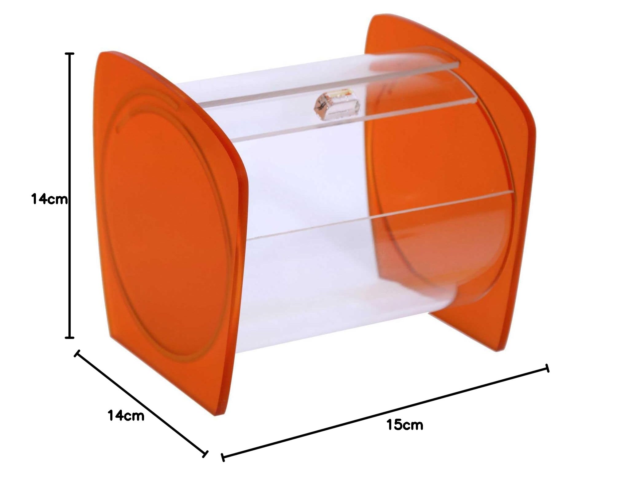 Portacaramelle confezionate sezione circolare in plexiglass trasparente e con pannelli laterali in plexiglass satinato Arancione - Misure totali: L 15 x P 14 x H 14 cm