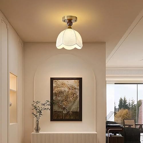 Miniatura 3 de Lámpara de techo semiempotrada francesa retro moderna con pantalla de tela blanca para cocina, dormitorio, sala de estar, base E26E27
