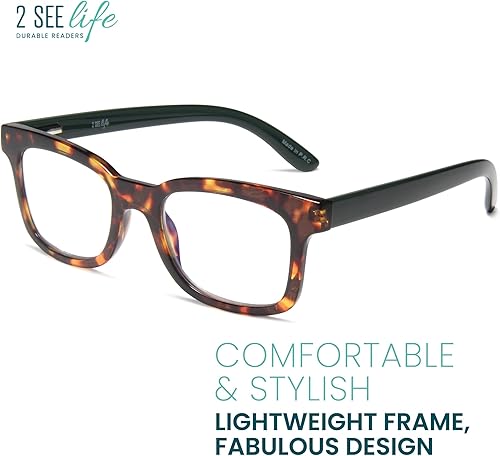 Miniatura 6 de Tortoise Green - Anteojos de lectura anchos para mujer, lectores de marco grueso prémium con bisagras de resorte, protección contra la luz azul y