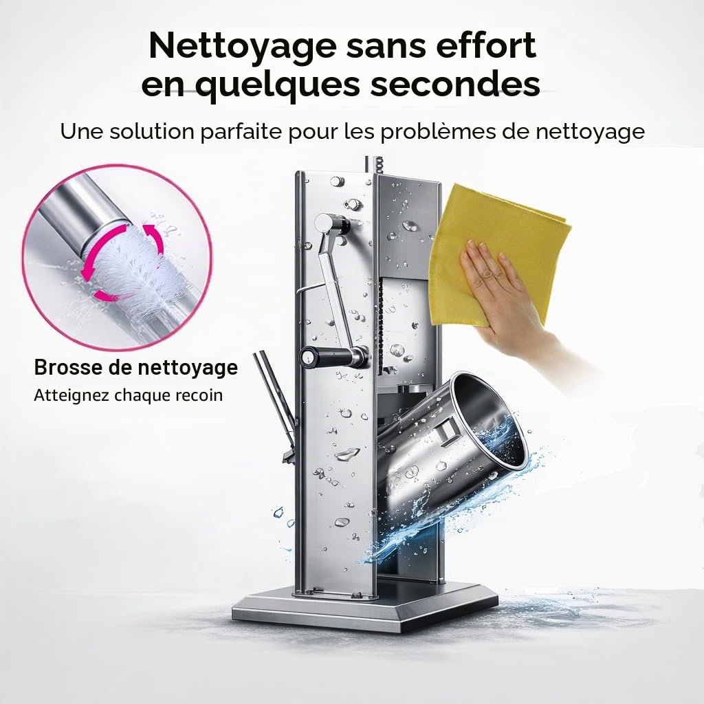 Poussoir à Saucisses Manuel 5 L, Machine à Saucisses en Acier Inoxydable SUS304, Embosseuse à 2 Vitesses avec 4 Tubes, Poussoir à Viande pour Cuisine