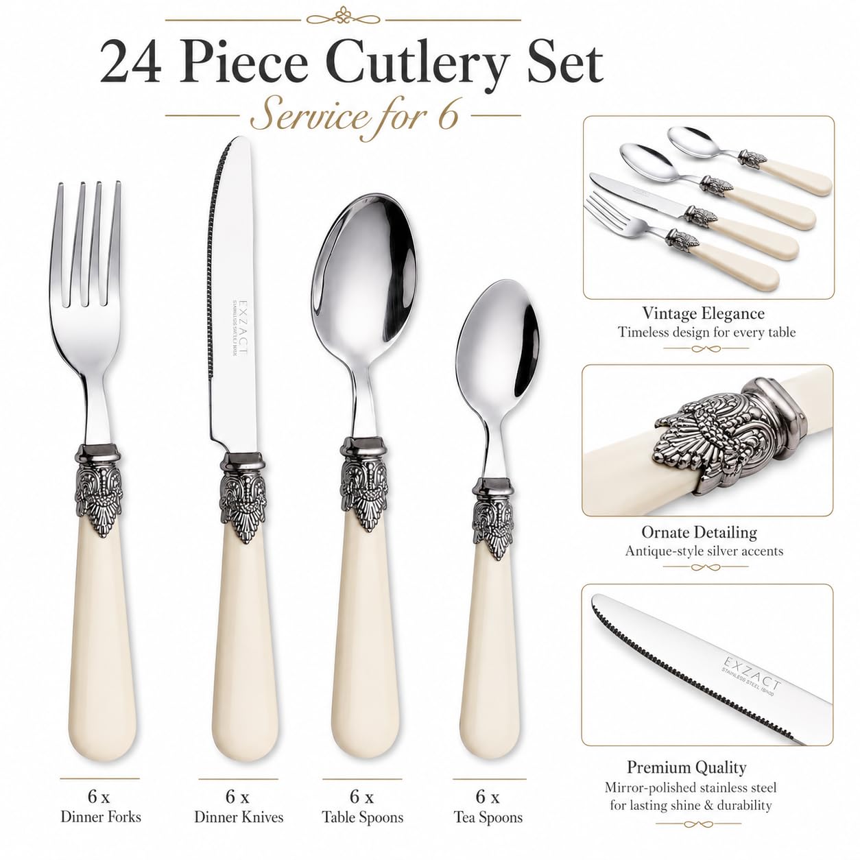 EXZACT Ensemble de couverts crème ivoire 24 PCS, acier inoxydable avec poignée détaillée, traditionnel, élégant, Vintage Style/Antique (WF28-24CRM)