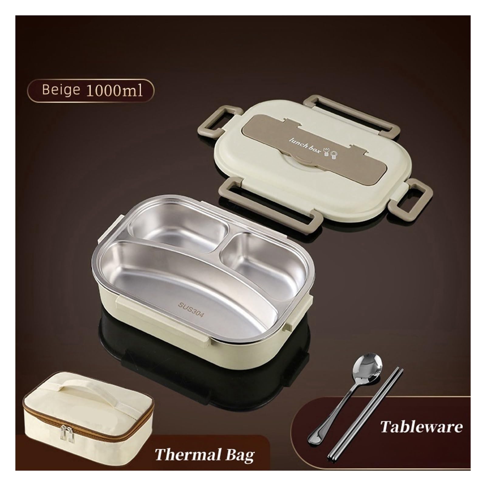Fiambrera térmica de acero inoxidable 304, portátil, sellada, for trabajadores oficina, con bolsa, juego bento comercial(1000ml-Beige)